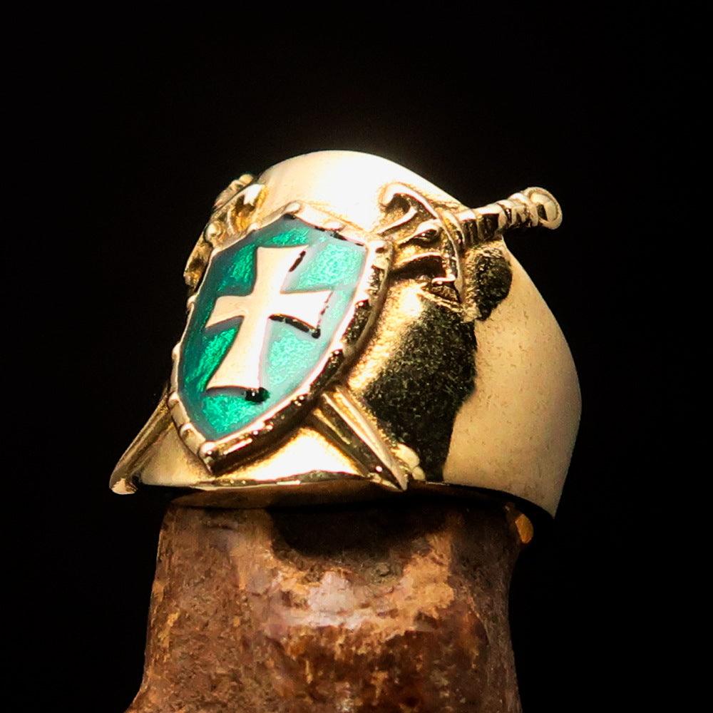 Crossed Swords Men's Knights Templar green Cross Ring made of solid brass with high polished finish and enamel detailing.